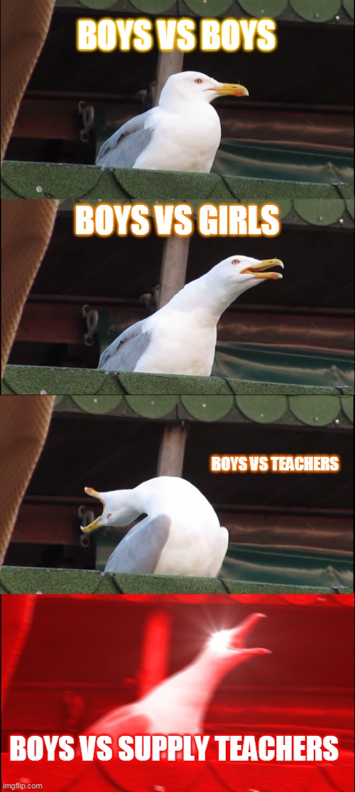 The boy change | BOYS VS BOYS; BOYS VS GIRLS; BOYS VS TEACHERS; BOYS VS SUPPLY TEACHERS | image tagged in memes,inhaling seagull | made w/ Imgflip meme maker