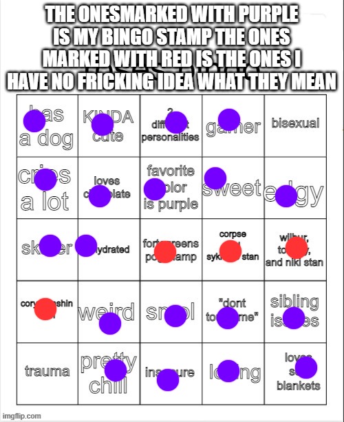 THE ONESMARKED WITH PURPLE IS MY BINGO STAMP THE ONES MARKED WITH RED IS THE ONES I HAVE NO FRICKING IDEA WHAT THEY MEAN | made w/ Imgflip meme maker