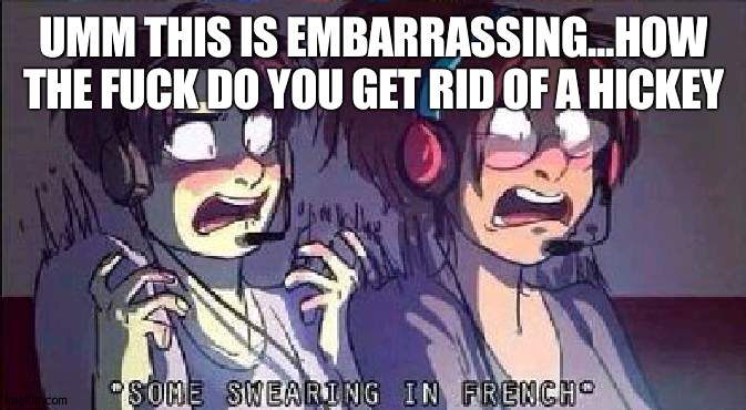 FUC, | UMM THIS IS EMBARRASSING...HOW THE FUCK DO YOU GET RID OF A HICKEY | image tagged in aot some swearing in french | made w/ Imgflip meme maker