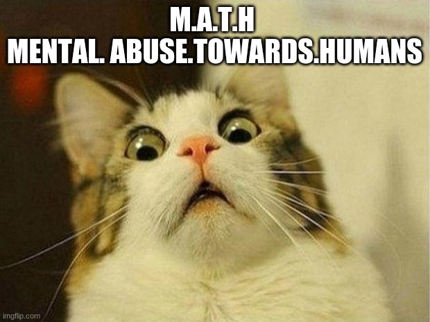 MATH | M.A.T.H 
MENTAL. ABUSE.TOWARDS.HUMANS | image tagged in memes,scared cat | made w/ Imgflip meme maker