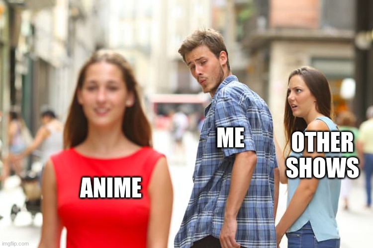 Me and anime | ME; OTHER SHOWS; ANIME | image tagged in memes,distracted boyfriend | made w/ Imgflip meme maker