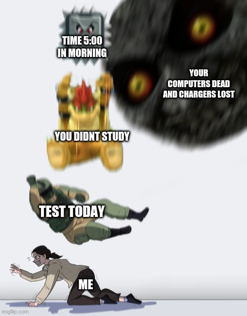 UnU | TIME 5:00 IN MORNING; YOUR COMPUTERS DEAD AND CHARGERS LOST; YOU DIDNT STUDY; TEST TODAY; ME | image tagged in crushing combo | made w/ Imgflip meme maker
