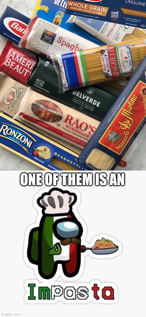 THEY'RE ALL IMPASTA! | ONE OF THEM IS AN | image tagged in pasta,spaghetti,among us,there is 1 imposter among us | made w/ Imgflip meme maker