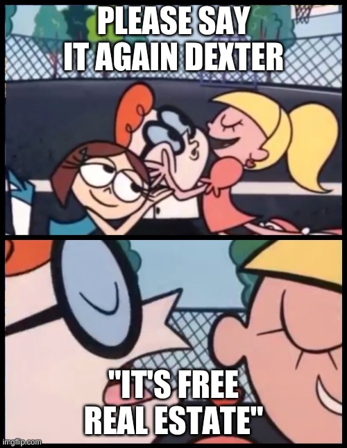 Say it Again, Dexter | PLEASE SAY IT AGAIN DEXTER; "IT'S FREE REAL ESTATE" | image tagged in memes,say it again dexter,funny,funny memes | made w/ Imgflip meme maker