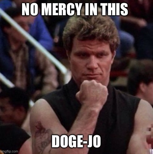 karate kid sweep the leg | NO MERCY IN THIS; DOGE-JO | image tagged in karate kid sweep the leg,dogecoin | made w/ Imgflip meme maker