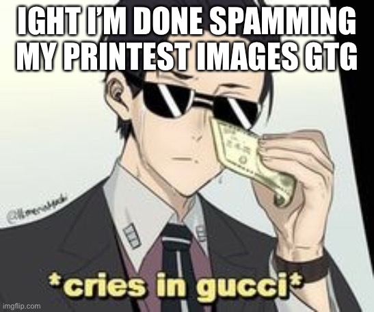 *Crises in Gucci* | IGHT I’M DONE SPAMMING MY PRINTEST IMAGES GTG | image tagged in crises in gucci | made w/ Imgflip meme maker
