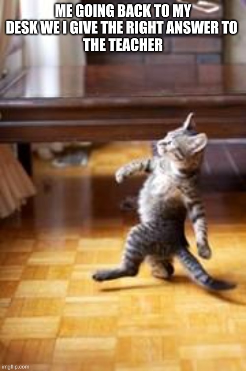 this is outdated but you get it | ME GOING BACK TO MY DESK WE I GIVE THE RIGHT ANSWER TO 
THE TEACHER | image tagged in like a boss kitty | made w/ Imgflip meme maker