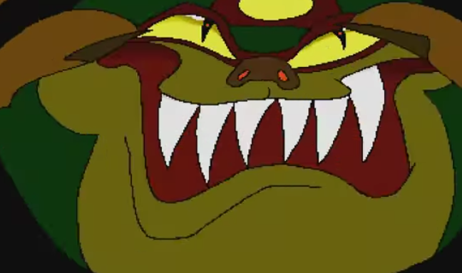 Ganon's face from a Legend of Zelda CD-i game. Head is very close to the camera, with a goofy expression.