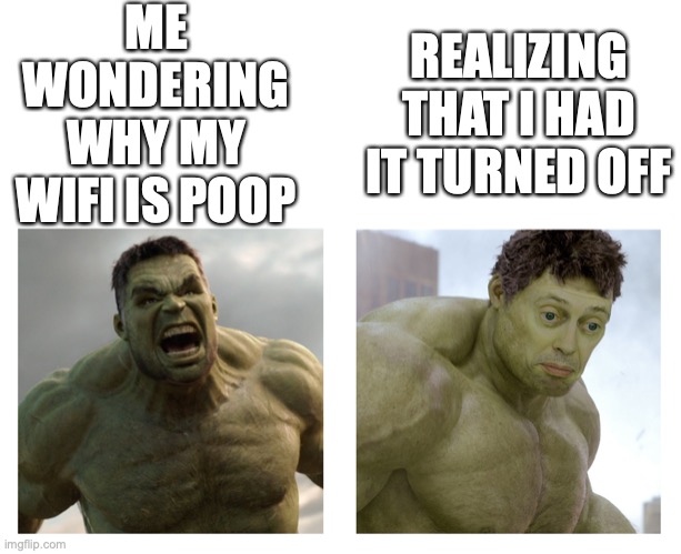 Hulk angry then realizes he's wrong | ME WONDERING WHY MY WIFI IS POOP; REALIZING THAT I HAD IT TURNED OFF | image tagged in hulk angry then realizes he's wrong | made w/ Imgflip meme maker