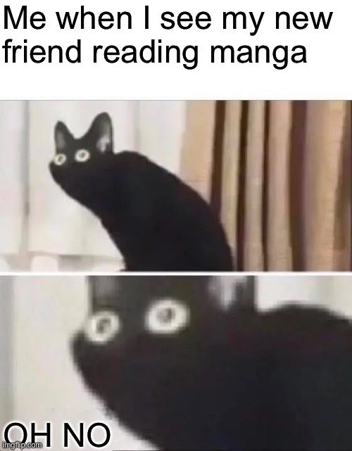 Oh No Black Cat | Me when I see my new 
friend reading manga; OH NO | image tagged in oh no black cat | made w/ Imgflip meme maker