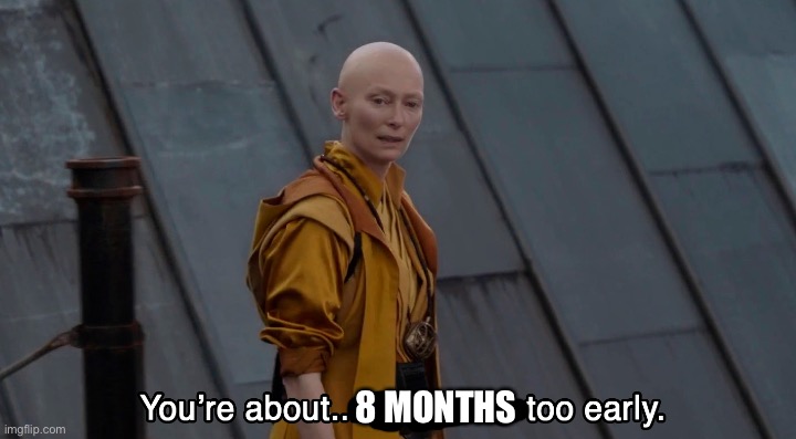 5 years too early Endgame | 8 MONTHS | image tagged in 5 years too early endgame | made w/ Imgflip meme maker