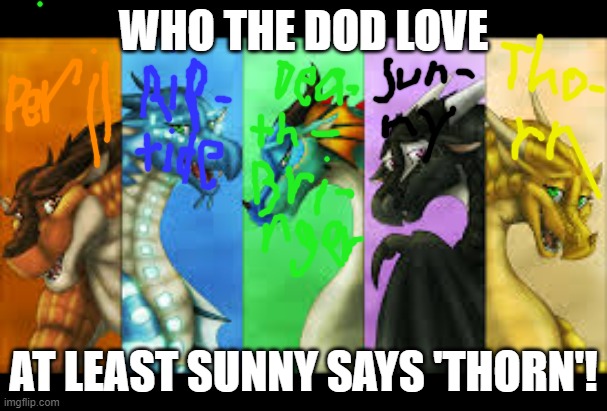 The Dragonets | WHO THE DOD LOVE; AT LEAST SUNNY SAYS 'THORN'! | image tagged in the dragonets | made w/ Imgflip meme maker