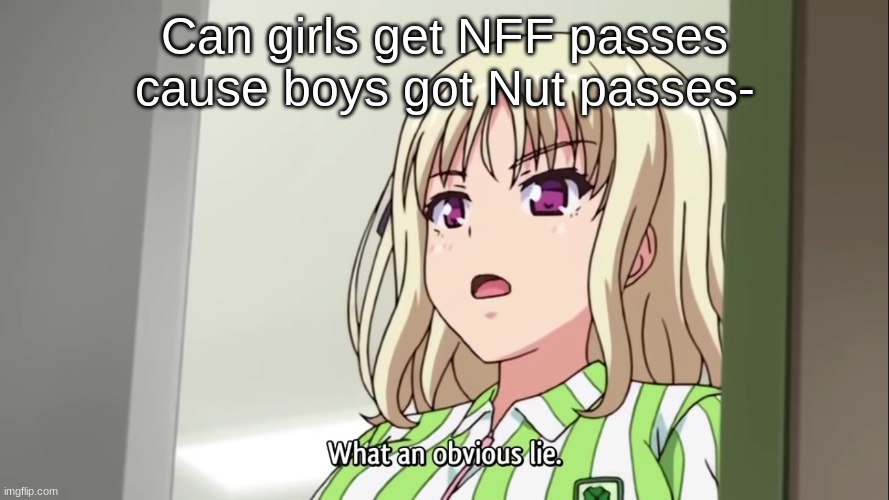 I mean it'd be fair | Can girls get NFF passes cause boys got Nut passes- | image tagged in what an obvious lie | made w/ Imgflip meme maker