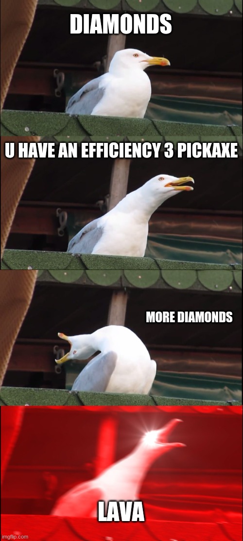 lava ruins all | DIAMONDS; U HAVE AN EFFICIENCY 3 PICKAXE; MORE DIAMONDS; LAVA | image tagged in memes,inhaling seagull | made w/ Imgflip meme maker
