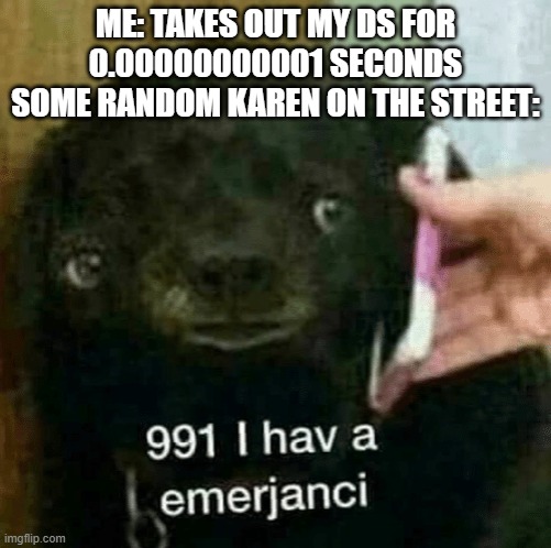 I hate anti gamers #24 | ME: TAKES OUT MY DS FOR 0.00000000001 SECONDS
SOME RANDOM KAREN ON THE STREET: | image tagged in 991 i hav a emerjanci,games | made w/ Imgflip meme maker