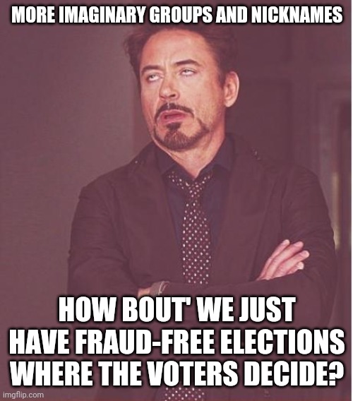 Face You Make Robert Downey Jr Meme | MORE IMAGINARY GROUPS AND NICKNAMES HOW BOUT' WE JUST HAVE FRAUD-FREE ELECTIONS WHERE THE VOTERS DECIDE? | image tagged in memes,face you make robert downey jr | made w/ Imgflip meme maker