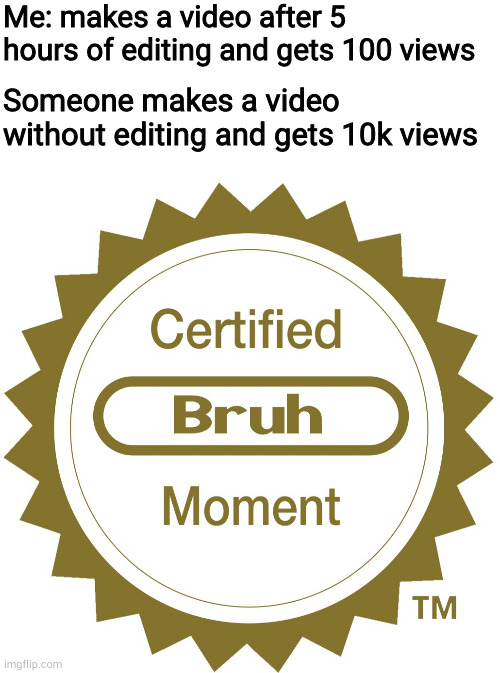 *deletes channel* | Me: makes a video after 5 hours of editing and gets 100 views; Someone makes a video without editing and gets 10k views | image tagged in blank white template,certified bruh moment,youtube,views,facts | made w/ Imgflip meme maker