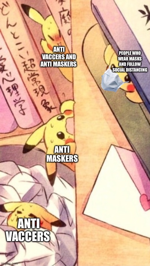Pikachu party | ANTI VACCERS AND ANTI MASKERS; PEOPLE WHO WEAR MASKS AND FOLLOW SOCIAL DISTANCING; ANTI MASKERS; ANTI VACCERS | image tagged in pikachu party | made w/ Imgflip meme maker