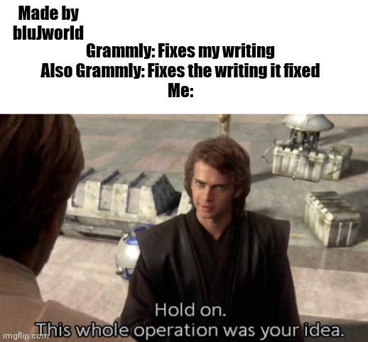 This happened to me today. | Made by bluJworld; Grammly: Fixes my writing
Also Grammly: Fixes the writing it fixed
Me: | image tagged in hold on this whole operation was your idea | made w/ Imgflip meme maker