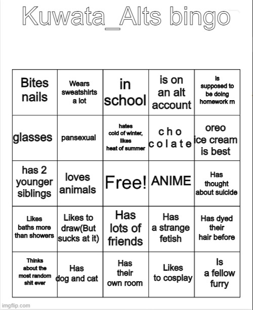 Blank Bingo | Kuwata_Alts bingo; in school; Wears sweatshirts a lot; is supposed to be doing homework rn; is on an alt account; Bites nails; hates cold of winter, likes heat of summer; glasses; oreo ice cream is best; c h o c o l a t e; pansexual; ANIME; has 2 younger siblings; Has thought about suicide; loves animals; Likes baths more than showers; Likes to draw(But sucks at it); Has dyed their hair before; Has a strange fetish; Has lots of friends; Has dog and cat; Is a fellow furry; Thinks about the most random shit ever; Has their own room; Likes to cosplay | image tagged in blank bingo | made w/ Imgflip meme maker