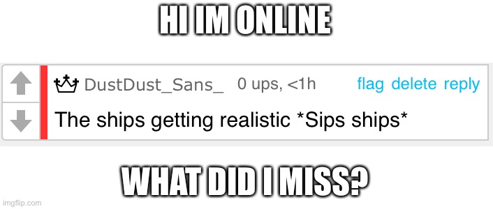 The ships getting realistic | HI IM ONLINE; WHAT DID I MISS? | image tagged in the ships getting realistic | made w/ Imgflip meme maker