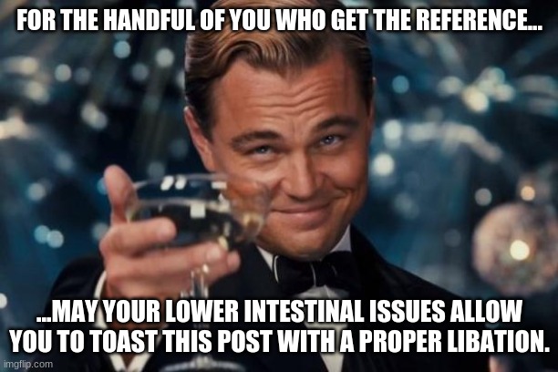 Leonardo Dicaprio Cheers Meme | FOR THE HANDFUL OF YOU WHO GET THE REFERENCE... ...MAY YOUR LOWER INTESTINAL ISSUES ALLOW YOU TO TOAST THIS POST WITH A PROPER LIBATION. | image tagged in memes,leonardo dicaprio cheers | made w/ Imgflip meme maker