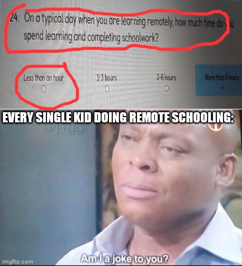 This was in my school survey for remote studies |  EVERY SINGLE KID DOING REMOTE SCHOOLING: | image tagged in am i a joke to you | made w/ Imgflip meme maker