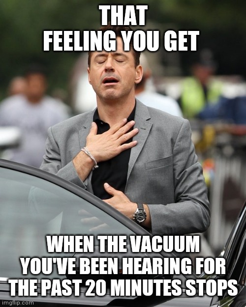 Vacuum = ear kill | THAT FEELING YOU GET; WHEN THE VACUUM YOU'VE BEEN HEARING FOR THE PAST 20 MINUTES STOPS | image tagged in relief,vacuum,thank god,lol,hehe | made w/ Imgflip meme maker