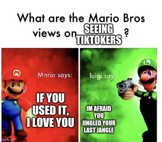 I hate mario | SEEING TIKTOKERS; IF YOU USED IT, I LOVE YOU; IM AFRAID YOU JINGLED YOUR LAST JANGLE | image tagged in mario bros views | made w/ Imgflip meme maker