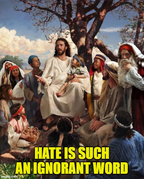 Story Time Jesus | HATE IS SUCH AN IGNORANT WORD | image tagged in story time jesus | made w/ Imgflip meme maker
