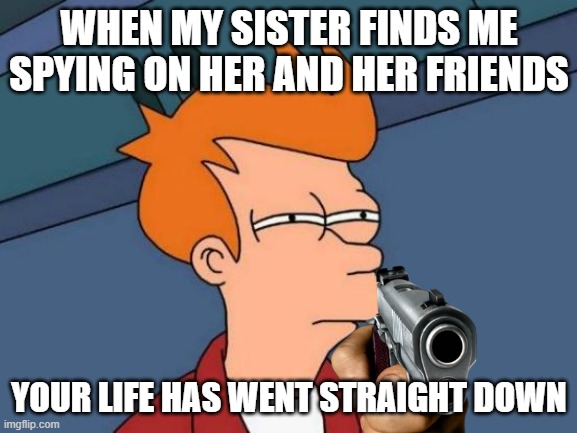 Sister stuff OvO | WHEN MY SISTER FINDS ME SPYING ON HER AND HER FRIENDS; YOUR LIFE HAS WENT STRAIGHT DOWN | image tagged in memes,futurama fry | made w/ Imgflip meme maker