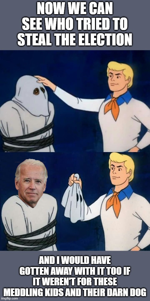 fred mask fred | NOW WE CAN SEE WHO TRIED TO STEAL THE ELECTION AND I WOULD HAVE GOTTEN AWAY WITH IT TOO IF IT WEREN'T FOR THESE MEDDLING KIDS AND THEIR DARN | image tagged in fred mask fred | made w/ Imgflip meme maker