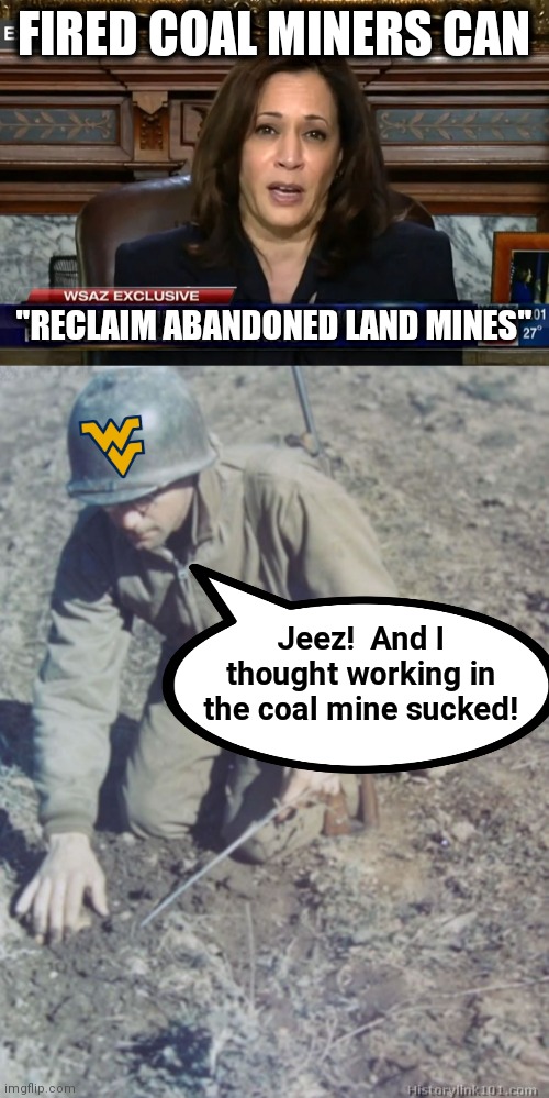 And this idiot might be only days away from becoming president! | FIRED COAL MINERS CAN; "RECLAIM ABANDONED LAND MINES"; Jeez!  And I thought working in the coal mine sucked! | image tagged in memes,coal mines,kamala harris,land mines,insane democrats,global warming | made w/ Imgflip meme maker
