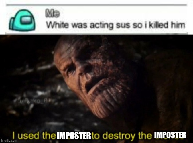 IMPOSTER; IMPOSTER | image tagged in thanos i used the stones to destroy the stones | made w/ Imgflip meme maker