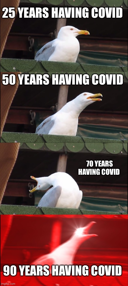 Inhaling Seagull | 25 YEARS HAVING COVID; 50 YEARS HAVING COVID; 70 YEARS HAVING COVID; 90 YEARS HAVING COVID | image tagged in memes,inhaling seagull | made w/ Imgflip meme maker