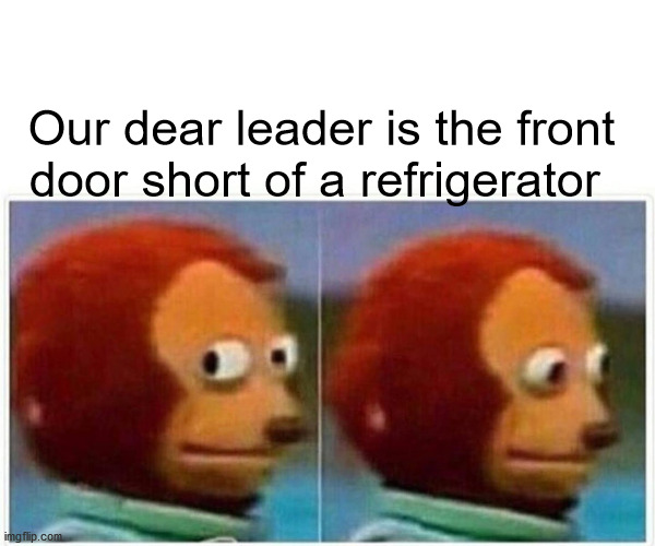 Monkey Puppet |  Our dear leader is the front door short of a refrigerator | image tagged in memes,monkey puppet | made w/ Imgflip meme maker