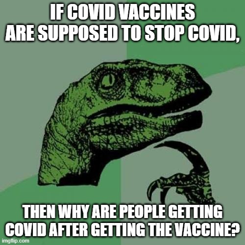 Philosoraptor | IF COVID VACCINES ARE SUPPOSED TO STOP COVID, THEN WHY ARE PEOPLE GETTING COVID AFTER GETTING THE VACCINE? | image tagged in memes,philosoraptor | made w/ Imgflip meme maker