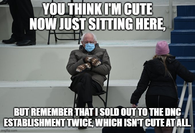 Bernie sitting | YOU THINK I'M CUTE NOW JUST SITTING HERE, BUT REMEMBER THAT I SOLD OUT TO THE DNC ESTABLISHMENT TWICE, WHICH ISN'T CUTE AT ALL. | image tagged in bernie sitting | made w/ Imgflip meme maker