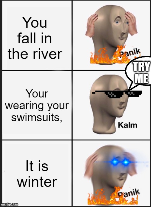 Mem man is ded | You fall in the river; TRY ME; Your wearing your swimsuits, It is winter | image tagged in memes,panik kalm panik | made w/ Imgflip meme maker