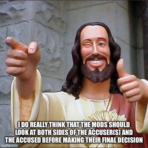Buddy Christ | I DO REALLY THINK THAT THE MODS SHOULD LOOK AT BOTH SIDES OF THE ACCUSER(S) AND THE ACCUSED BEFORE MAKING THEIR FINAL DECISION | image tagged in memes,buddy christ | made w/ Imgflip meme maker