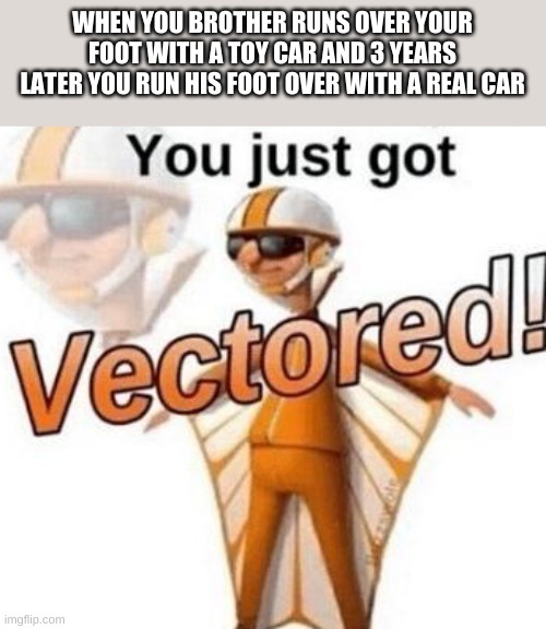 You just got vectored | WHEN YOU BROTHER RUNS OVER YOUR FOOT WITH A TOY CAR AND 3 YEARS LATER YOU RUN HIS FOOT OVER WITH A REAL CAR | image tagged in you just got vectored | made w/ Imgflip meme maker