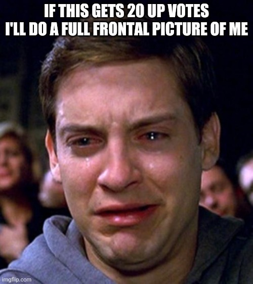 Watch me get 19 | IF THIS GETS 20 UP VOTES I'LL DO A FULL FRONTAL PICTURE OF ME | image tagged in crying peter parker | made w/ Imgflip meme maker