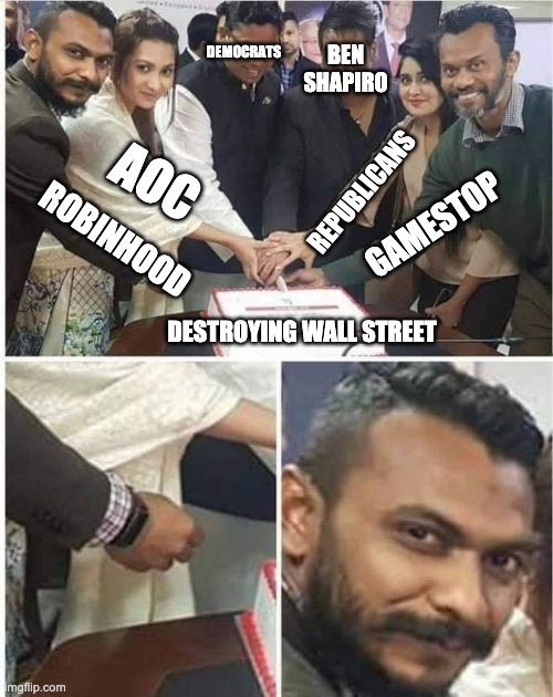 "A Note on Market Conditions" | DEMOCRATS; BEN SHAPIRO; AOC; REPUBLICANS; GAMESTOP; ROBINHOOD; DESTROYING WALL STREET | image tagged in people cutting cake,robinhood,wall street,gamestop,stonks,stock market | made w/ Imgflip meme maker