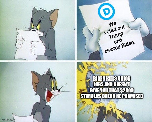 Looks like voting for Biden didn't work out for you | We voted out Trump and elected Biden. BIDEN KILLS UNION JOBS AND DOESN'T GIVE YOU THAT $2000 STIMULUS CHECK HE PROMISED | image tagged in tom and jerry custard pie,joe biden,liberal hypocrisy,government corruption | made w/ Imgflip meme maker