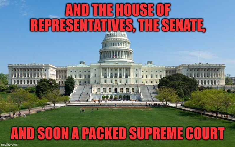 capitol hill | AND THE HOUSE OF REPRESENTATIVES, THE SENATE, AND SOON A PACKED SUPREME COURT | image tagged in capitol hill | made w/ Imgflip meme maker