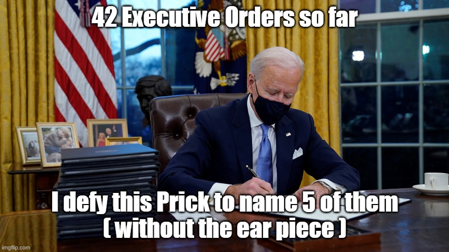 Empty Helmet |  42 Executive Orders so far; I defy this Prick to name 5 of them ( without the ear piece ) | image tagged in memes | made w/ Imgflip meme maker