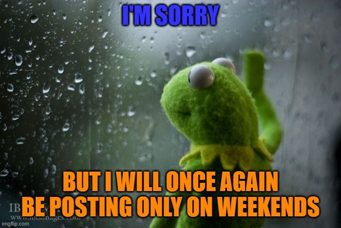Look in the comments... I'll tell you why. | I'M SORRY; BUT I WILL ONCE AGAIN BE POSTING ONLY ON WEEKENDS | image tagged in kermit window | made w/ Imgflip meme maker