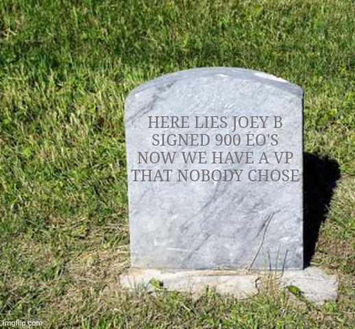 blank tombstone | HERE LIES JOEY B
SIGNED 900 EO'S
NOW WE HAVE A VP
THAT NOBODY CHOSE | image tagged in blank tombstone | made w/ Imgflip meme maker