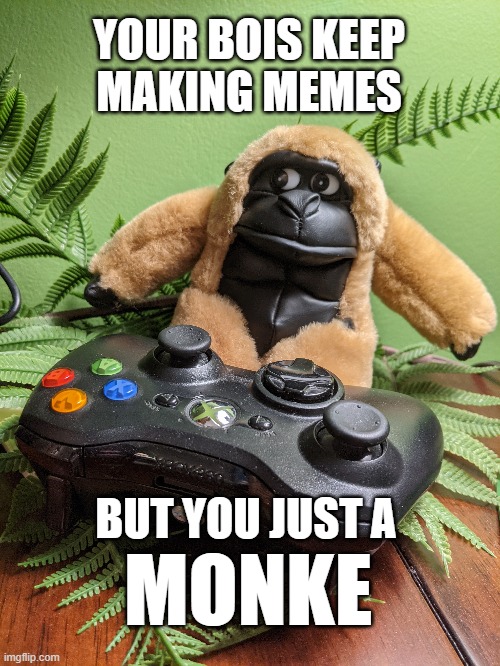 You Just a Monke | YOUR BOIS KEEP
MAKING MEMES; BUT YOU JUST A; MONKE | image tagged in monkey | made w/ Imgflip meme maker