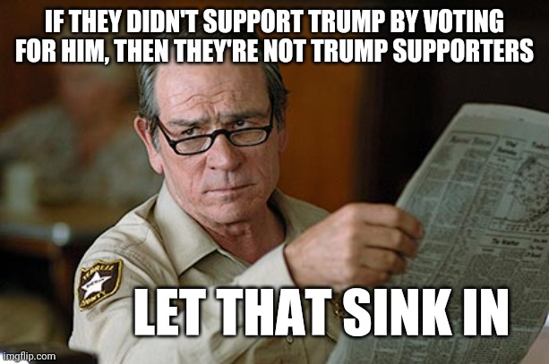 Tommy Lee Jones | IF THEY DIDN'T SUPPORT TRUMP BY VOTING FOR HIM, THEN THEY'RE NOT TRUMP SUPPORTERS LET THAT SINK IN | image tagged in tommy lee jones | made w/ Imgflip meme maker